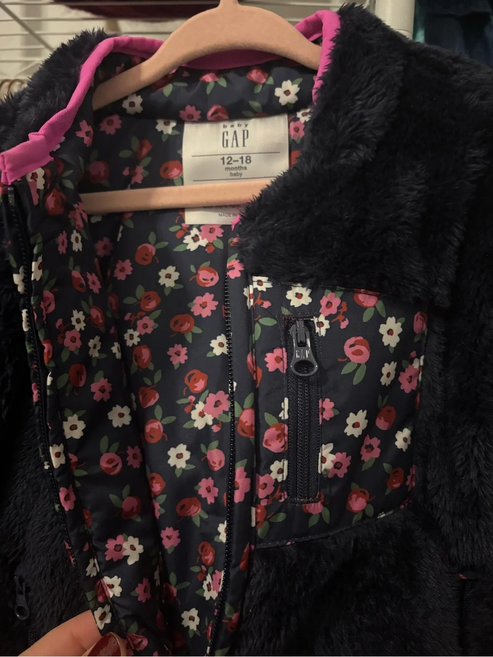 GAP Navy Fuzzy Jacket with Pink Floral Trim
